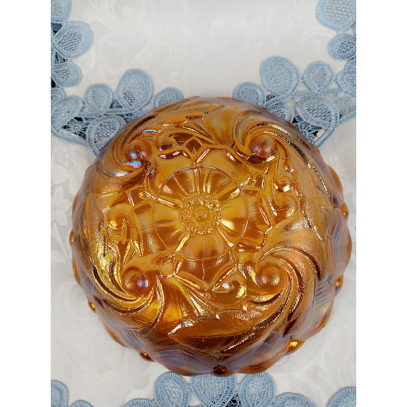 Indiana Glass Flower & Leaf Marigold Carnival Scalloped Footed Serving Bowl 9" - Picture 8 of 12